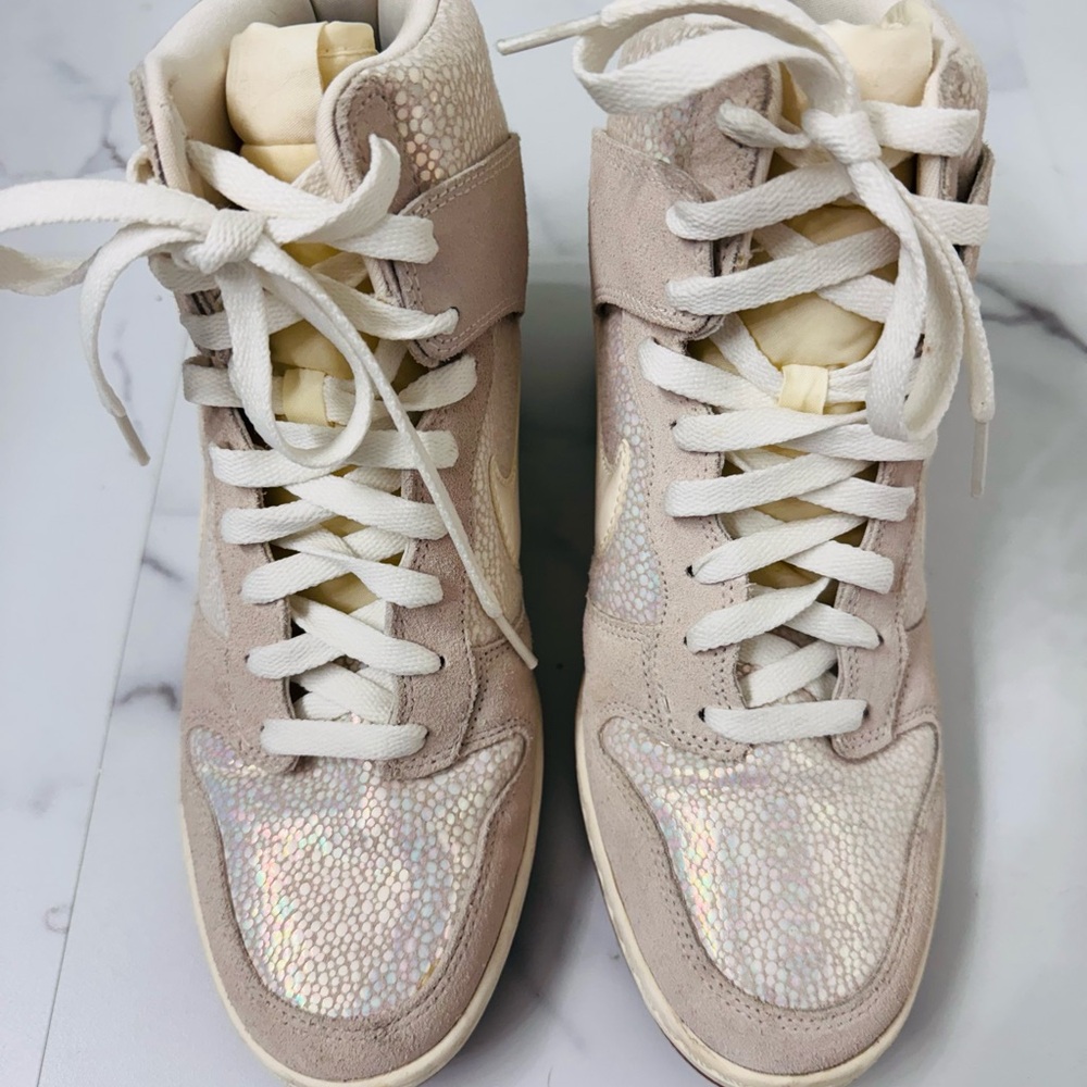 Nike Cream and Iridescent Leather High-Top Wedge Sneakers